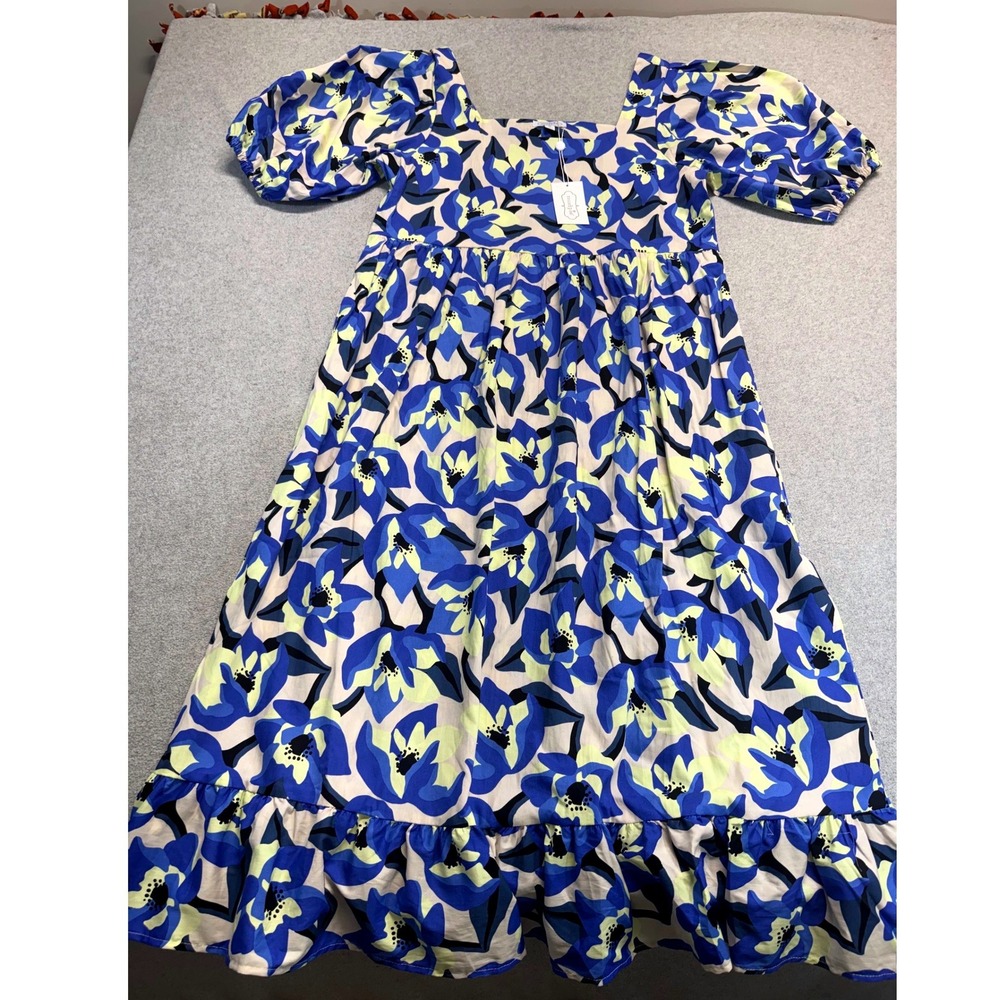 Mud Pie Gentry Floral Midi Dress Womens M Blue Puff Sleeve Square Neck NWT Flowy